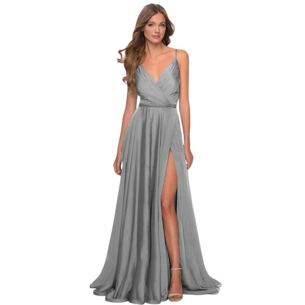 La Femme Pleated V-Neck Chiffon High Slit Dress Gray Size 6 NWOT $318 MSRP